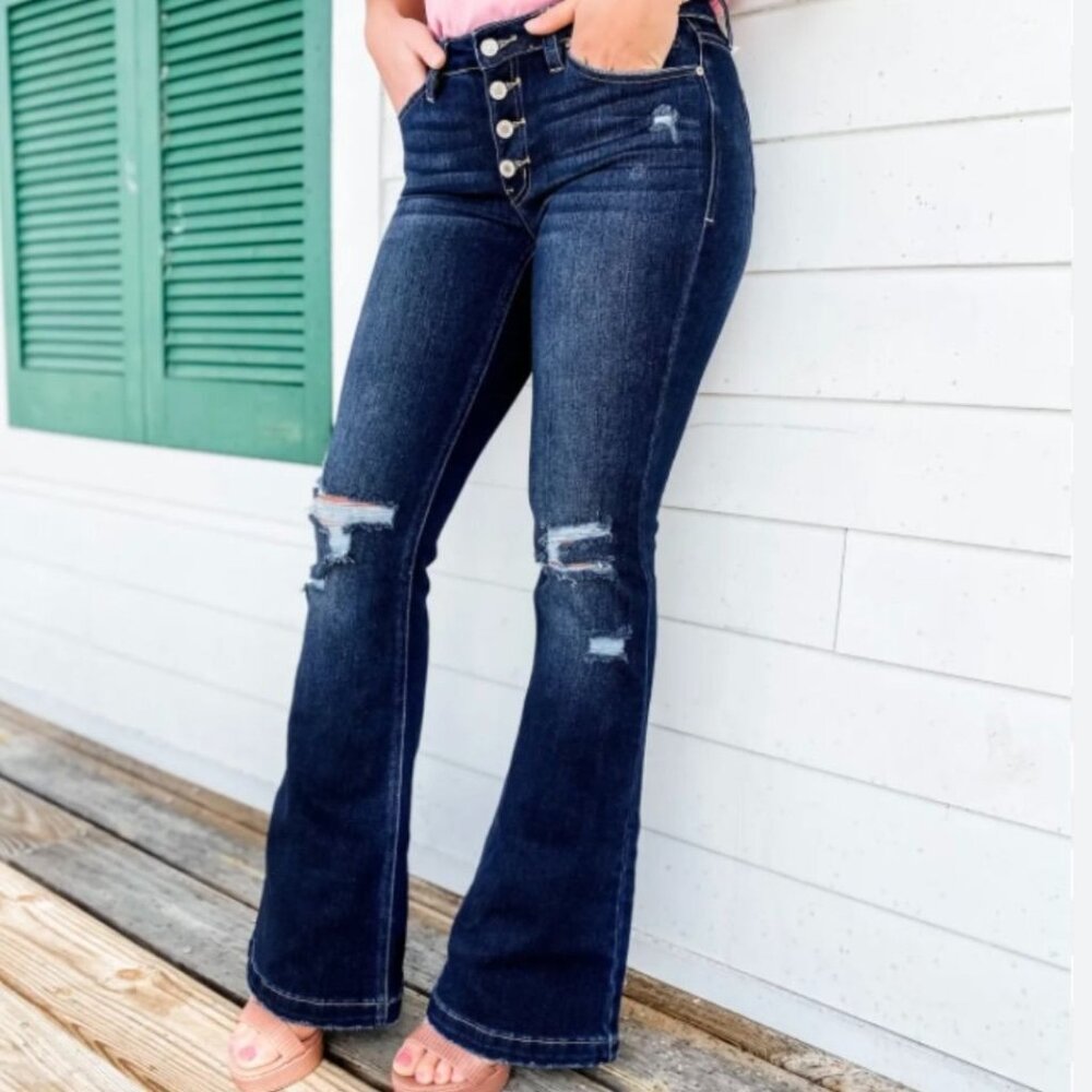 Kancan Bootcut Button Front Distressed Jeans, 34 - image 1